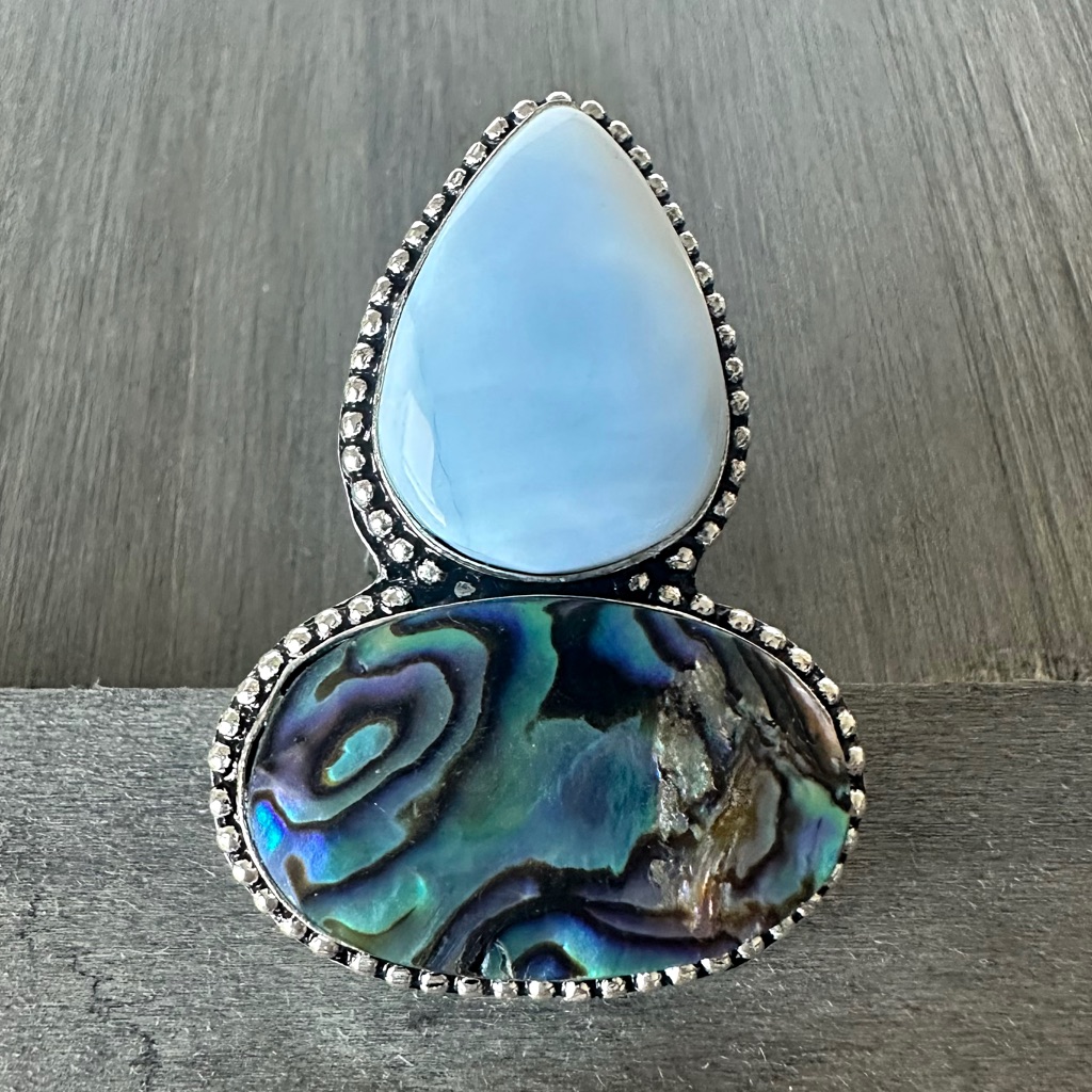 Owyhee Opal And Abalone Double Gemstone 925 Ring